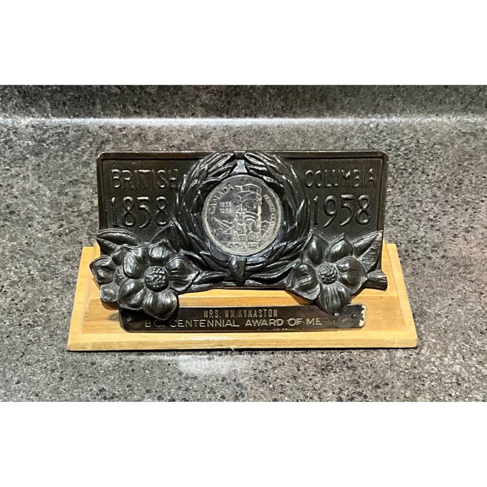 British Columbia  1958 B.C Centennial Award Of Merit Silver Dollar Desk Trophy